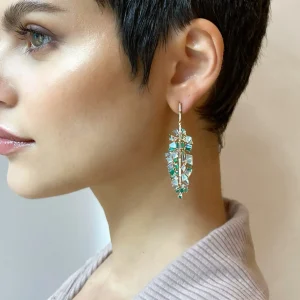 Bahia Banana Leaf Earrings - Diamond, Emerald & Aquamarine