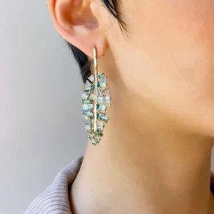 Bahia Banana Leaf Earrings - Diamond, Emerald & Aquamarine
