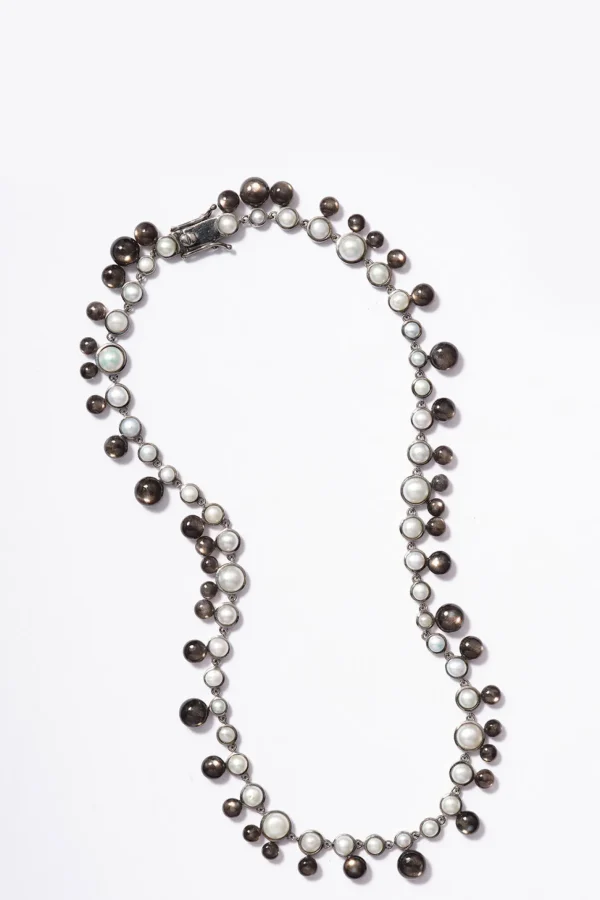 Bubble Tiered Rivière Necklace - White Pearl & Black Sheen Moonstone