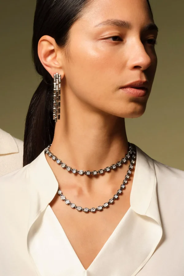3D Tile Chain Opera Necklace - Rainbow Moonstone