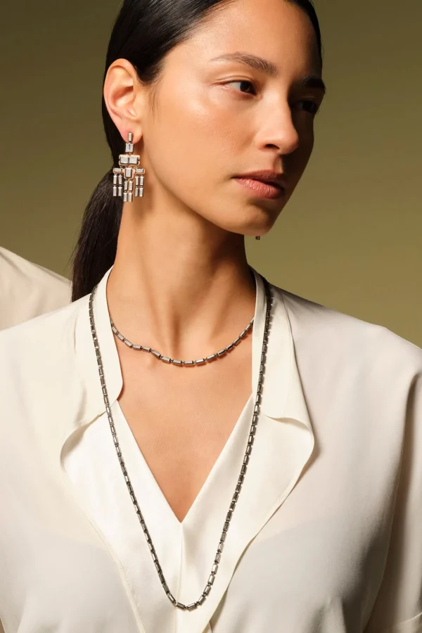 Mini Linear Baguette Tile Opera Necklace - Pyrite