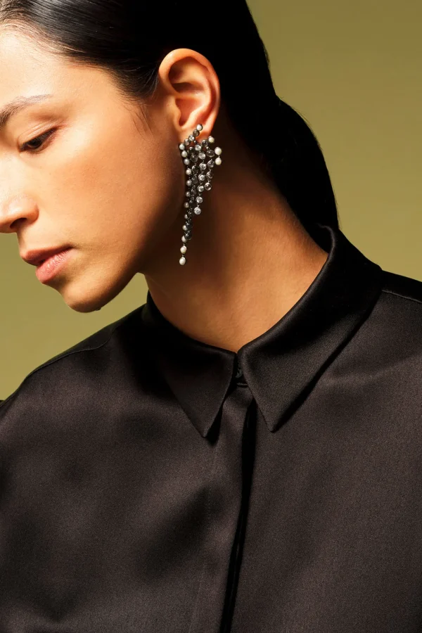 Pixelated Fringes Earrings - Pearl, White Zircon & Black Sheen Moonstone