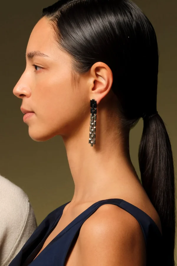 Triple Baguette Stiletto Earrings - Pyrite & Black Spinel