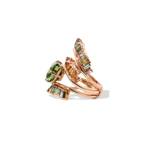 Wing Guard Ring - Green Tourmaline, Golden Tourmaline, Aquamarine
